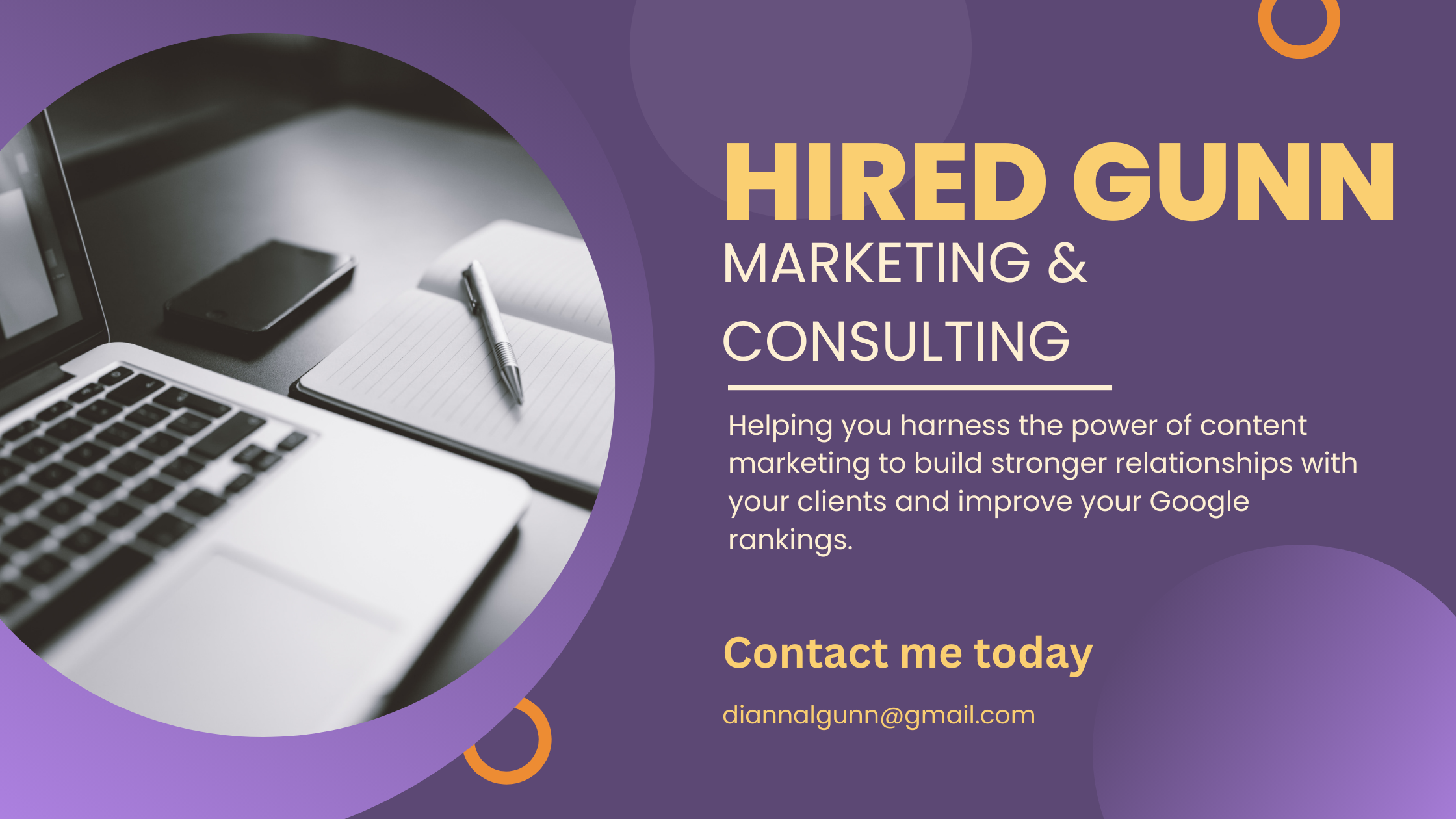 Hired Gunn Marketing & Consulting banner with contact email diannalgunn@gmail.com